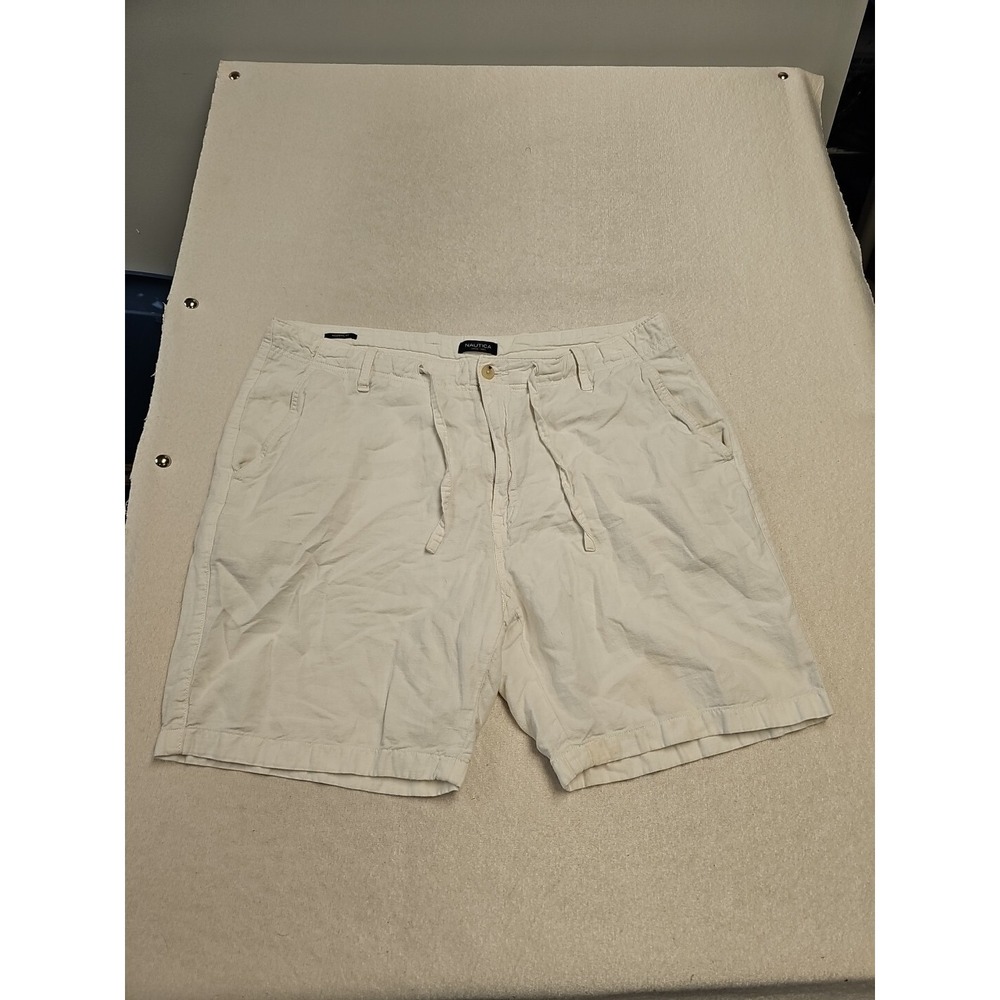Nautica Shorts Mens 40W Bermuda Linen Blend Flat Front Tan Preppy Casual Adult